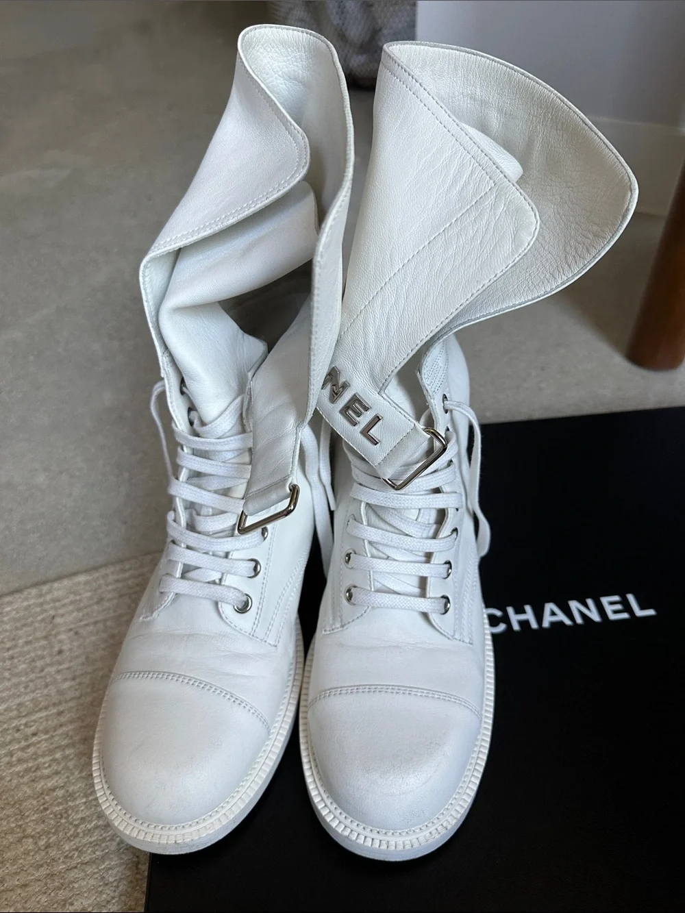CHANEL White Leather Lace-Up Ankle Combat Boots with Logo